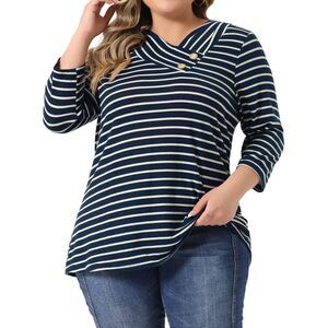 Plus Size Tee Shirt Stripe 3/4 Sleeve Tunic Top V Neck Knit Blouse Dark Blue
